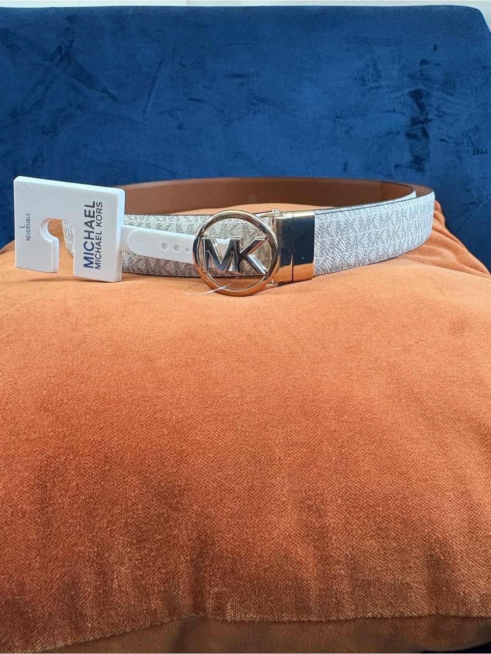 Michael Kors Cream & Tan Logo Reversible Belt with Gold MK Circle Buckle